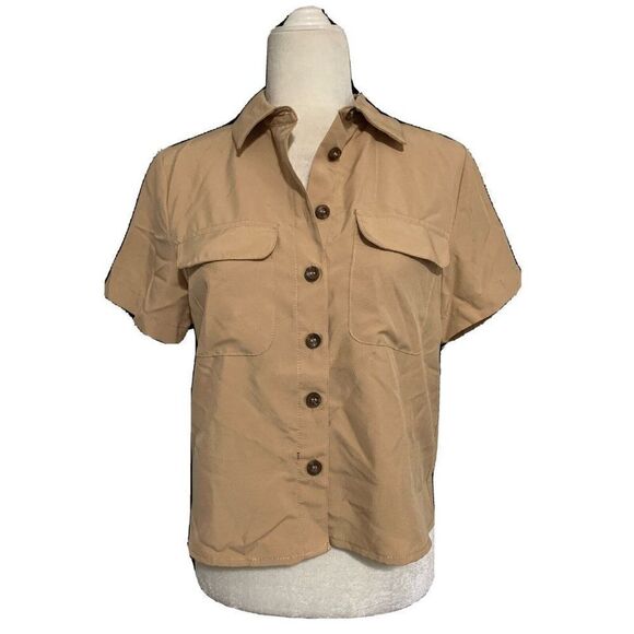 calvin klein womens new beige khaki short sleeve button down top xs - Picture 1 of 7